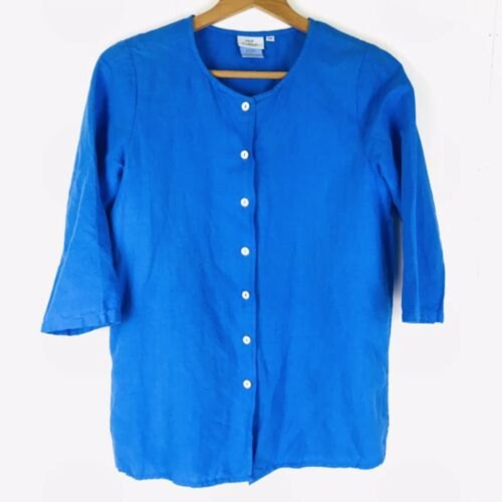 Hot Cotton XS Blue Linen Blend Button Front Lagenlook Shirt Blouse 3/4 Sleeve